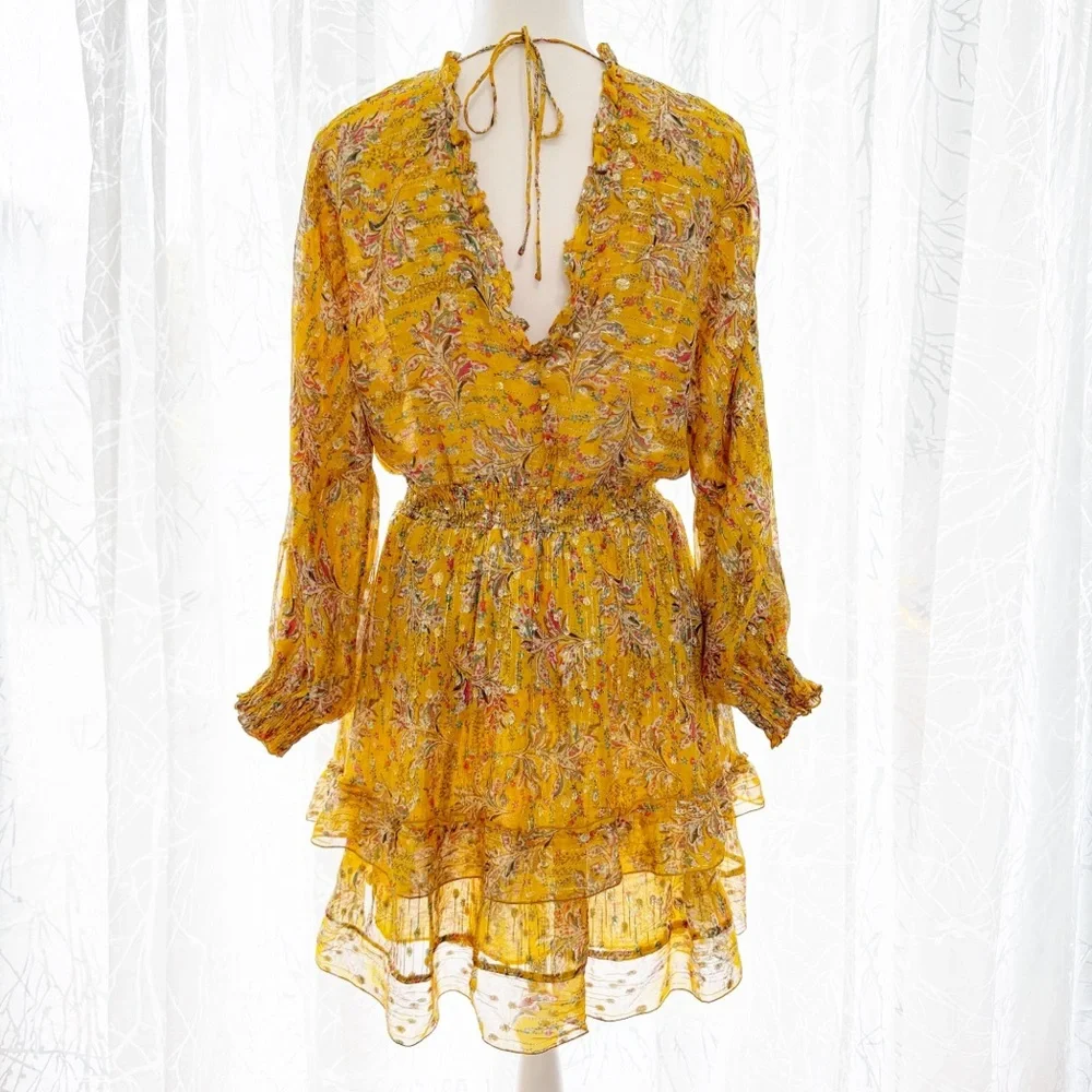 THE KOOPLES FEUILLE D’OR SILK FLORAL METALLIC GOLD YELLOW LONG SLEEVE MINI DRESS - Picture 5 of 15